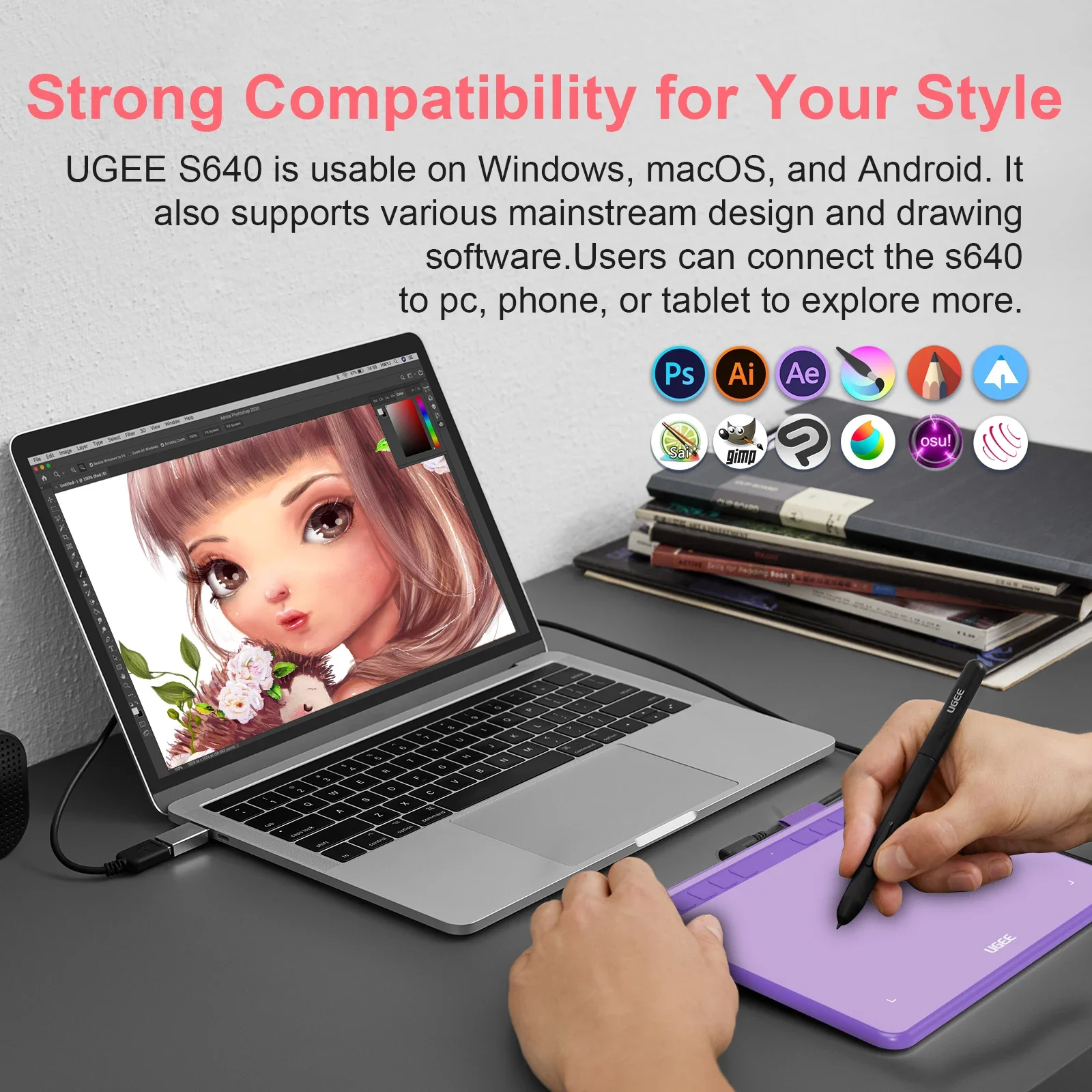 UGEE S640 Graphics Tablet 6x4 inch 10 Shortcut key 8192 Levels 266RPS For PC/Android Digital Drawing Tablet Handwriting Board