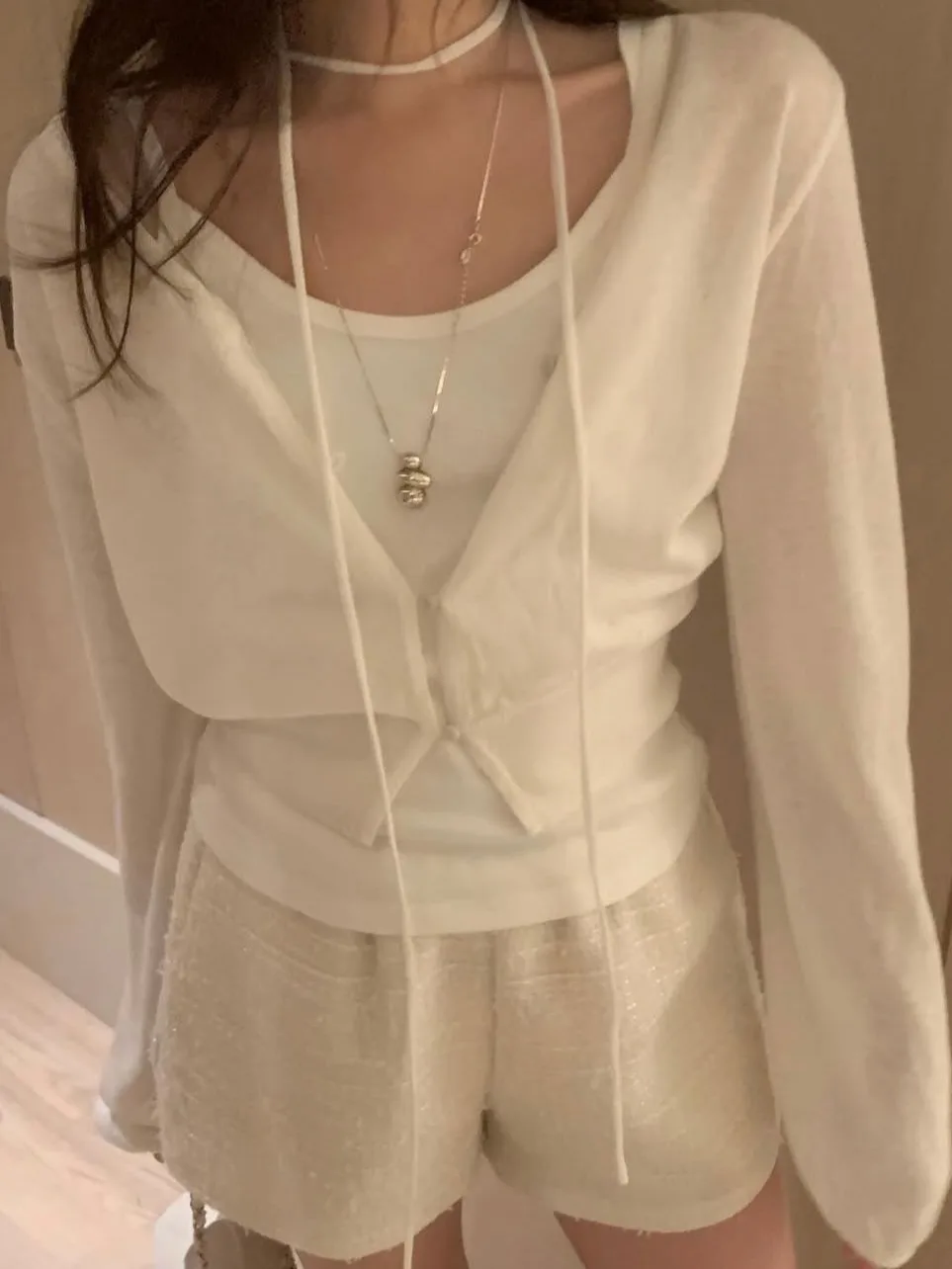 

Korean Sle Long Sve Knitted Open Cardigan Women's Sweet Ne Strap Button Thin Design Summer Ele Outer Top