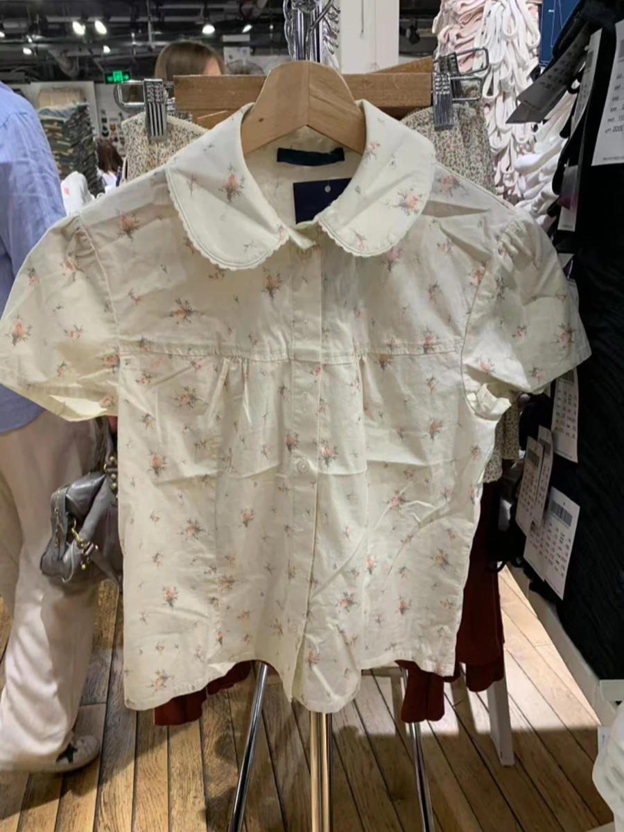 Nova blusa de manga curta com estampa floral feminina verão peter pan colarinho único breasted blusas doce casual moda camisa topos