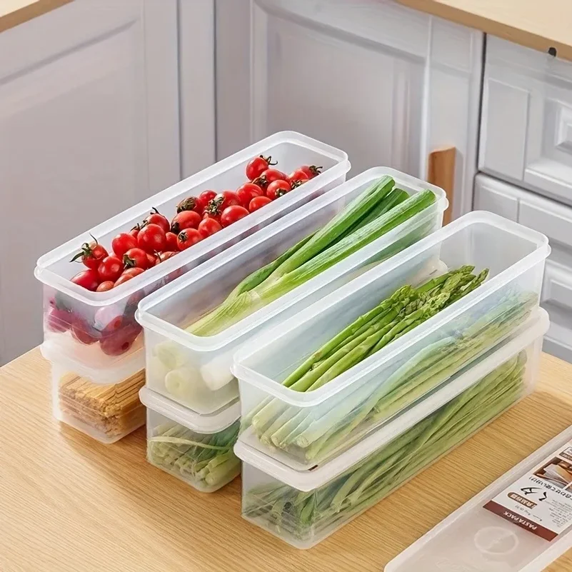 4 Pcs Long Rectangular Food Storage Containers, Plastic Reusable Refrigerator Organizer Boxes Kitchen Accessories