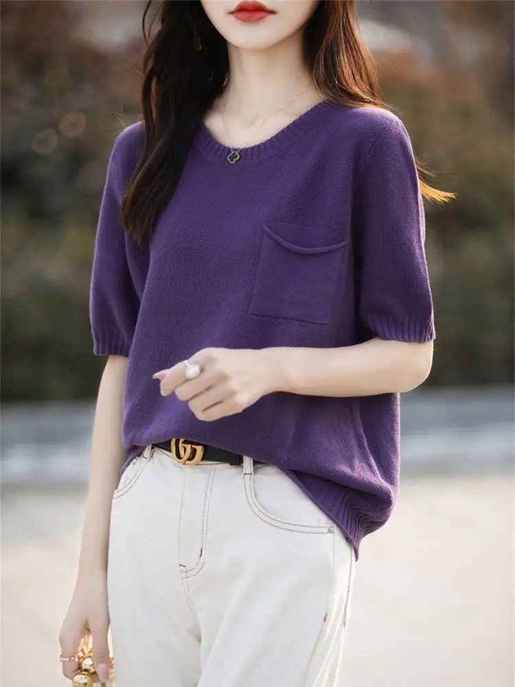 فضفاض التخسيس جولة Ne الحرير الجليد ort Sve تي شيرت المرأة الصيف رقيقة كيت تصميم محبوك أعلى الكورية Sle لباس غير رسمي