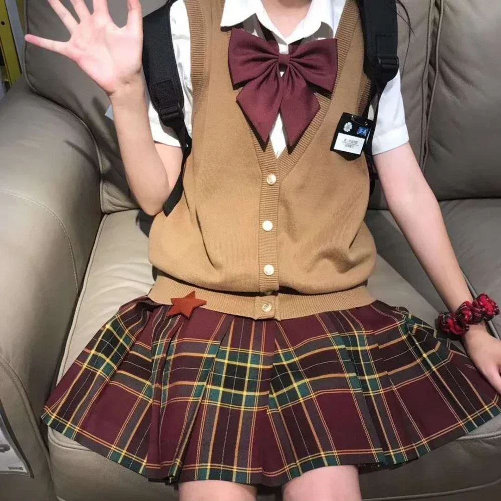 Casual JK Gebreid Katoen V-hals Vest Kerst Plaid Plooirok Japanse Schooluniform Anime Cosplay Kostuums Vrouwen Nieuwjaar