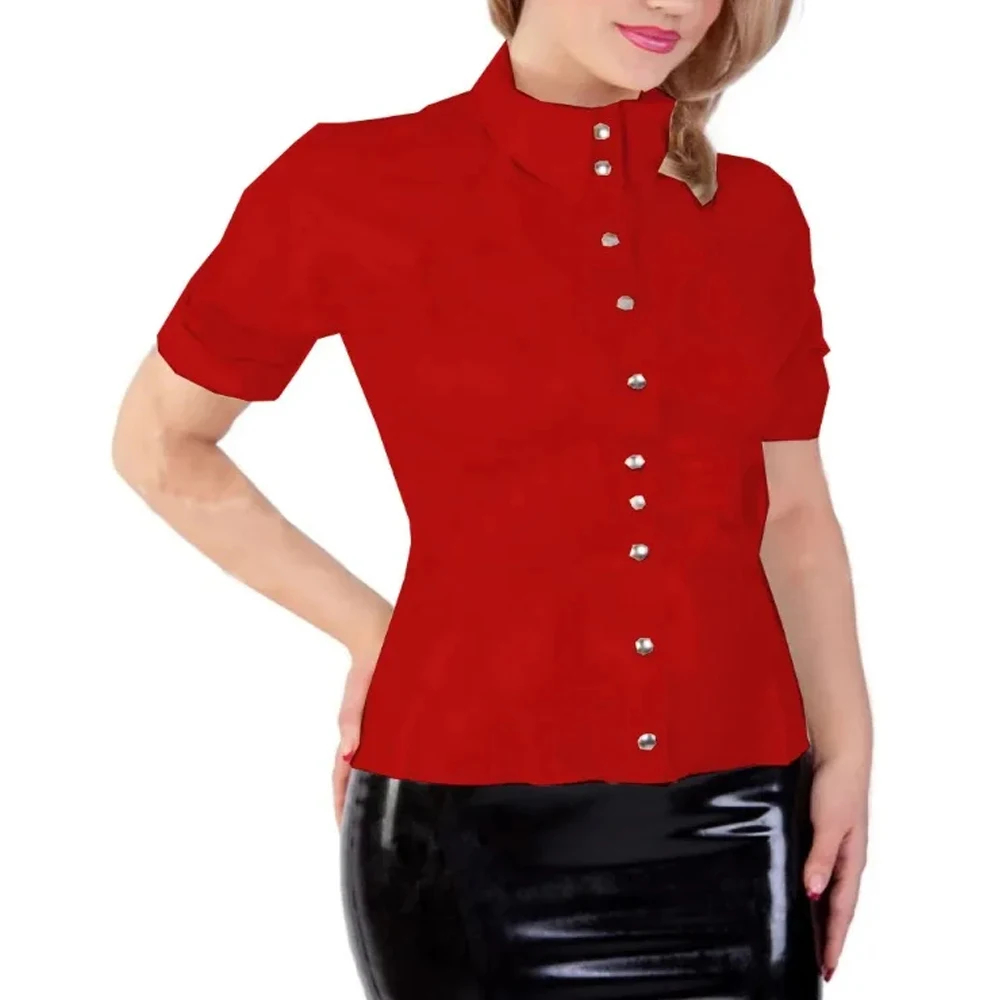 Chemises de club à boutonnage simple en cuir PVC brillant à manches courtes pour femmes, chemisiers de grande taille, chemises élégantes pour femmes, vêtements pour femmes