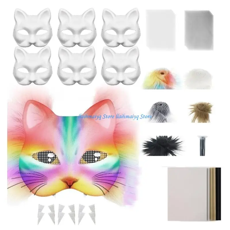 

573B 29/42Pcs Unpainted Cats Mask Set Includes Furry Trim Eye Mesh Felted Cloth for Painting Unpainted Masquerades Mask