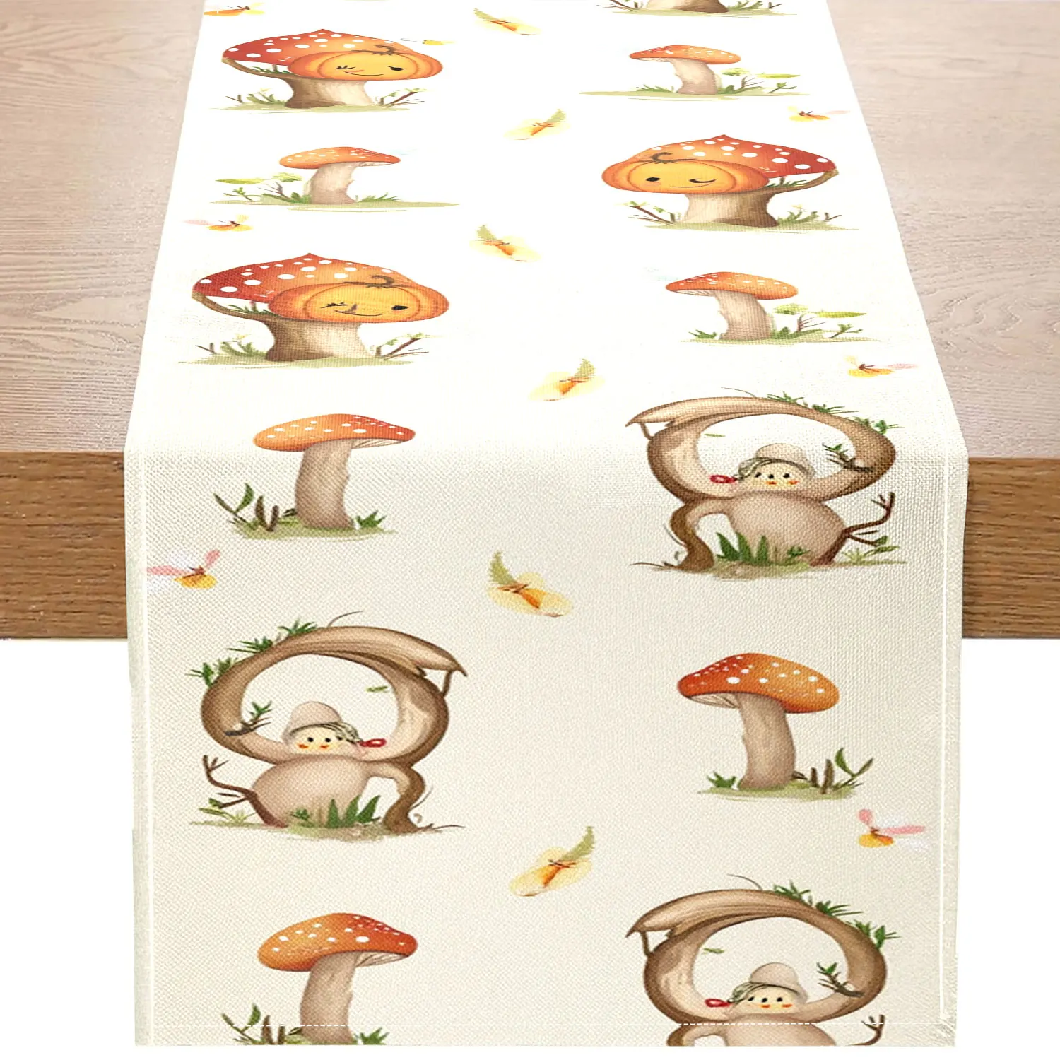 

1 Piece of Fairy-Tale Mushroom and Pumpkin Themed Table Runner, with Cartoon Mushrooms, Pumpkins, and Elves on a Beige Background, Suitable for Children's Room Decoration, Fairy-Tale Themed Restaurant, Parent-Child Activity Spaces, Birthday Party Decorati