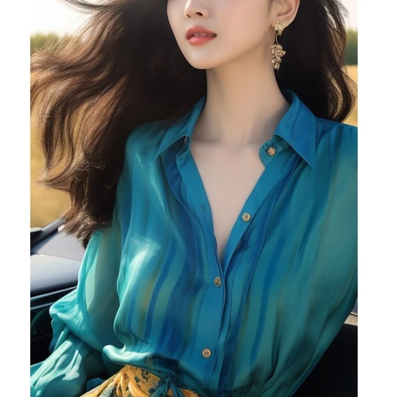 

Новинка 2024, весенне-осенняя мода, шикарные свободные шифоновые блузки с длинными рукавами и пуговицами с принтом, воротник-стойка, женская рубашка, топ