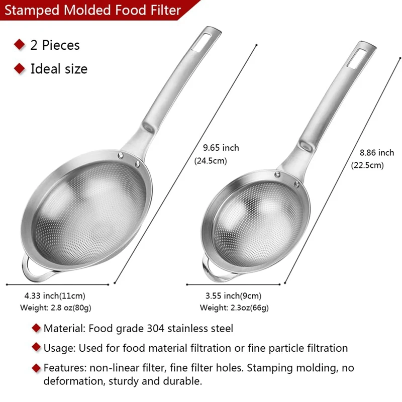 Punch Hole Sieve Fine Mesh Stainless Steel Small Colander Strainer With Handle Metal Mini Sifter Set Of 2 For Kitchen-FUNN
