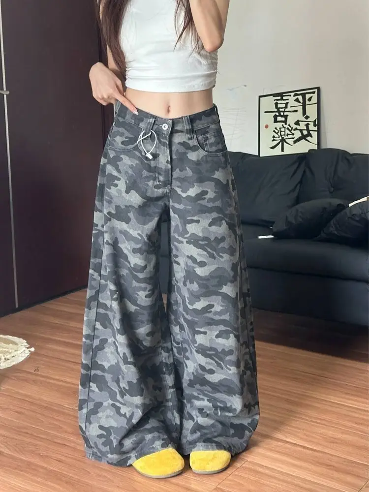 أنيقة أنيقة الأمريكية البضائع كامو مستقيم الساق السراويل النساء خمر عالية الخصر واسعة الجينز فضفاضة تناسب التخسيس الطابق طول الدنيم #1