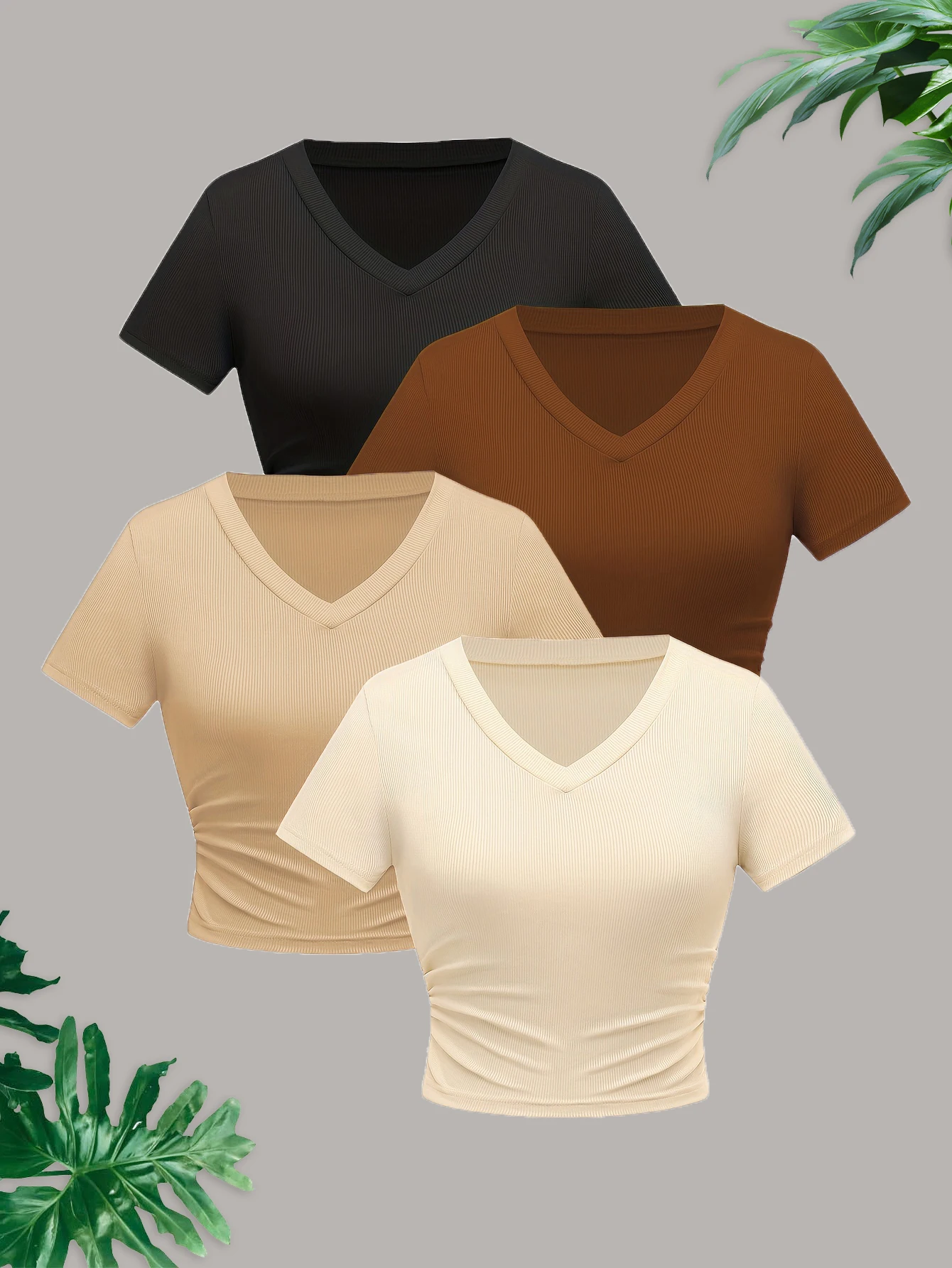 European and American cross-border summer, autumn and winter plain-color casual V-neck four-piece T-shirts