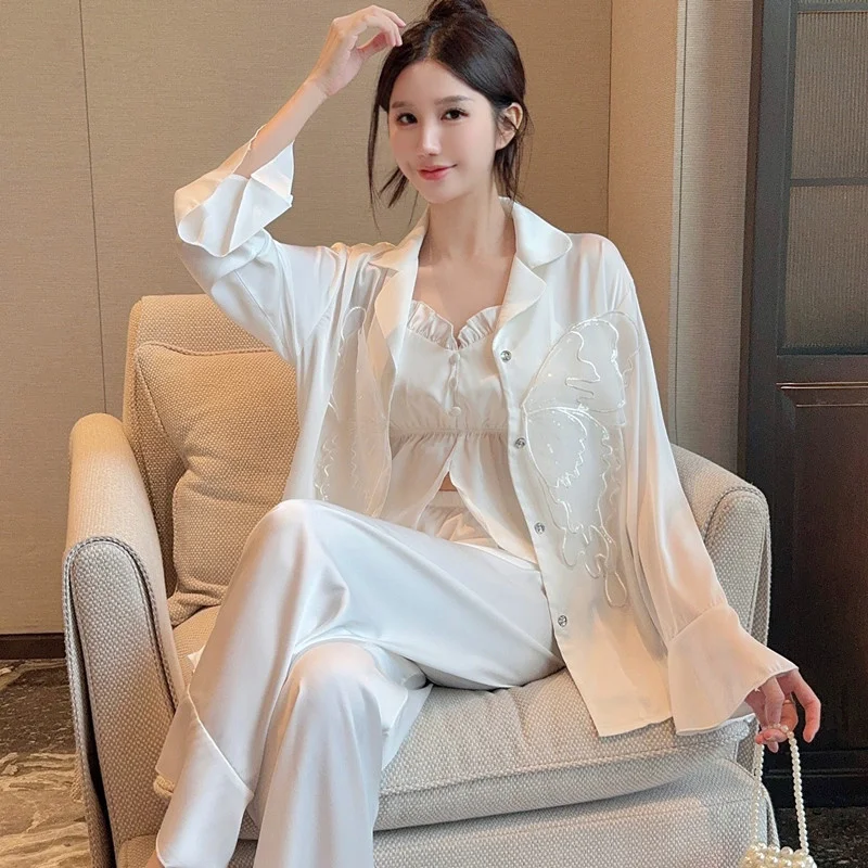 Summer 3pcs Robe Trousers Pajamas Suit Rayon Sleepwear Women Lace Ice Silk Spring Long Sleeve Bathrobe Causal Home Clothes