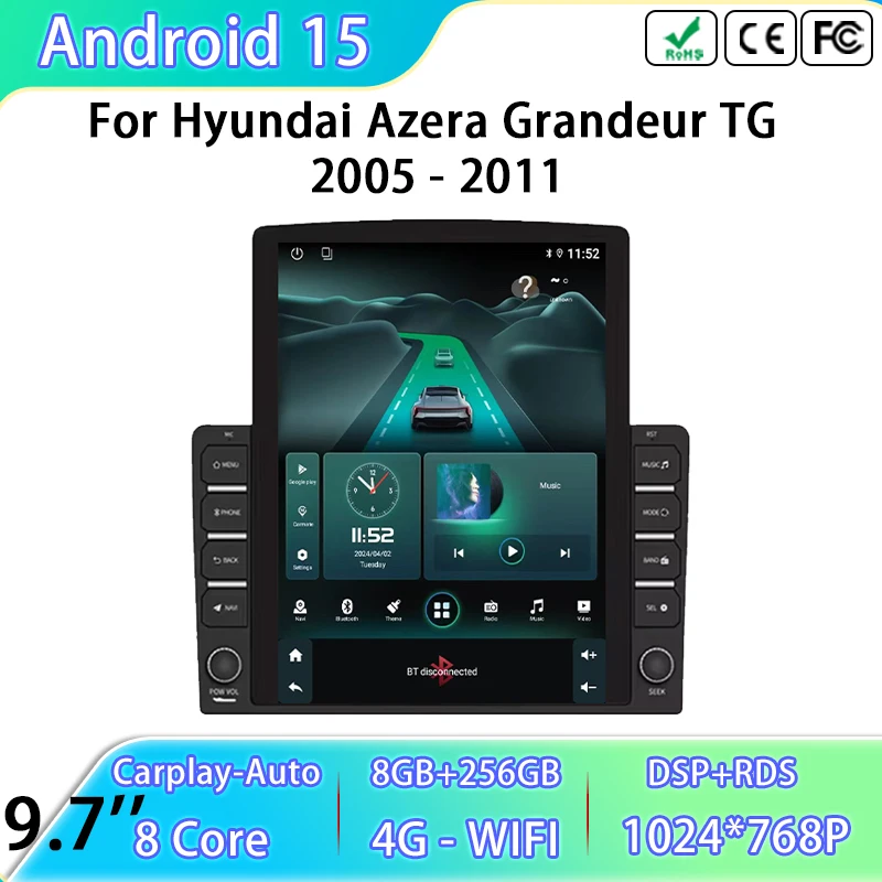 

Автомобильный мультимедийный видеоплеер для Hyundai Azera Grandeur TG 2005-2011 Android 15 Авто GPS-навигация 4G WIFI Головный блок без 2din