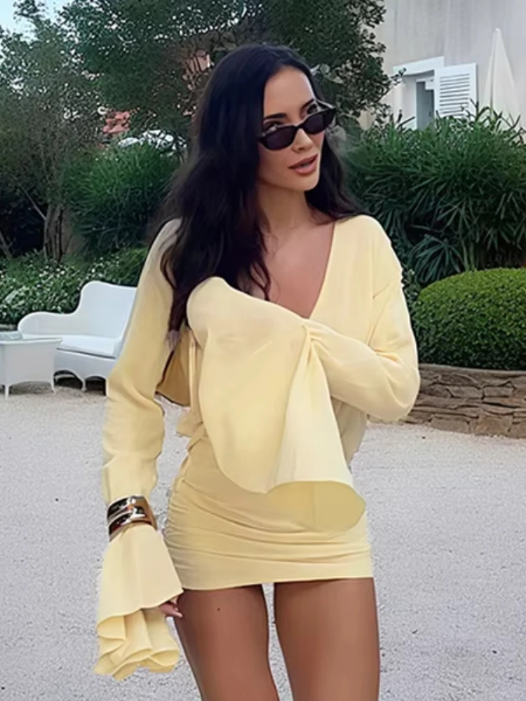 Nibber Chic Patchwork Telai Abito da donna Increspato Elegante Sottile Manica svasata Croce con scollo a V Solido Irregolare Semplice Tendenza Mini Aderente