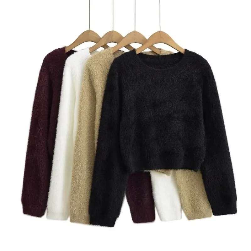 TRAF ZR Knit Pullovers Harajuku Vintage Burgundy Sweater Mink Cashmere Pullovers Long Sleeve Sweaters Women\'s Autumn Sweater