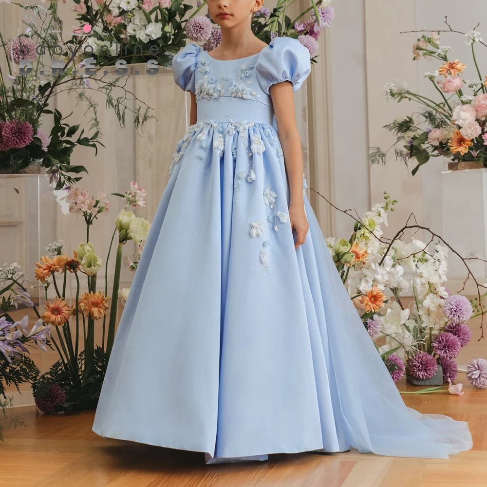 

BABYONLINE Customized Blue 3D Appliques Flower Girls Dresses for Wedding Puff Sleeves Maxi Princess Ball Gown Communion Dress