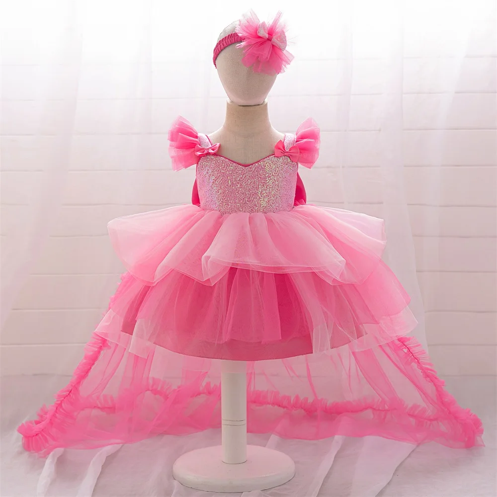2pcs New Baby Girls Trailing Sequin Princess Tutu Dress Toddler Girls Hot Pink Lace Dresses Kids Summer Casual Fashion Clothes