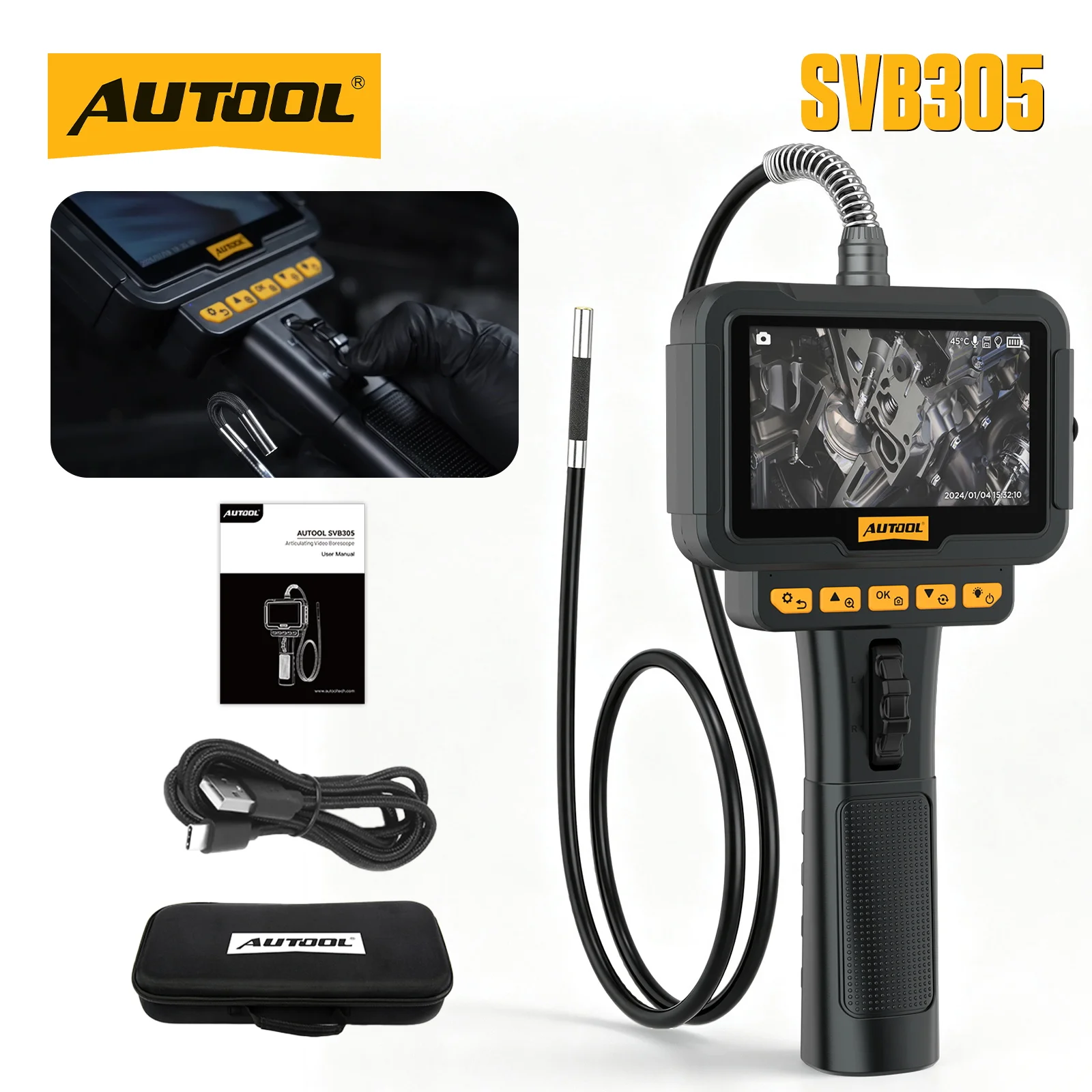 AUTOOL SVB305 Articulating Borescope 1080P HD 5MM Endoscope Camera USB Inspection Camera Tool For Car Engine Industrial Pipe