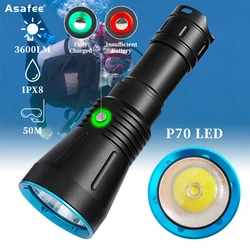 Asafee-linterna LED de buceo profesional DA16S, lámpara recargable de 3600LM, P70, profundidad de buceo, impermeable, IPX8, 50M