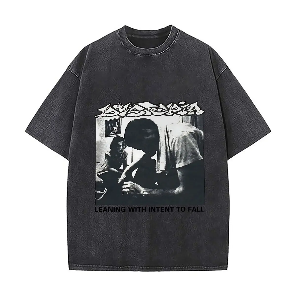 Leaning with Intent Artistic - Inspired, Black - White Conceptual Design Men Washed Casual Cotton Short Sleeve Acid Wash Top