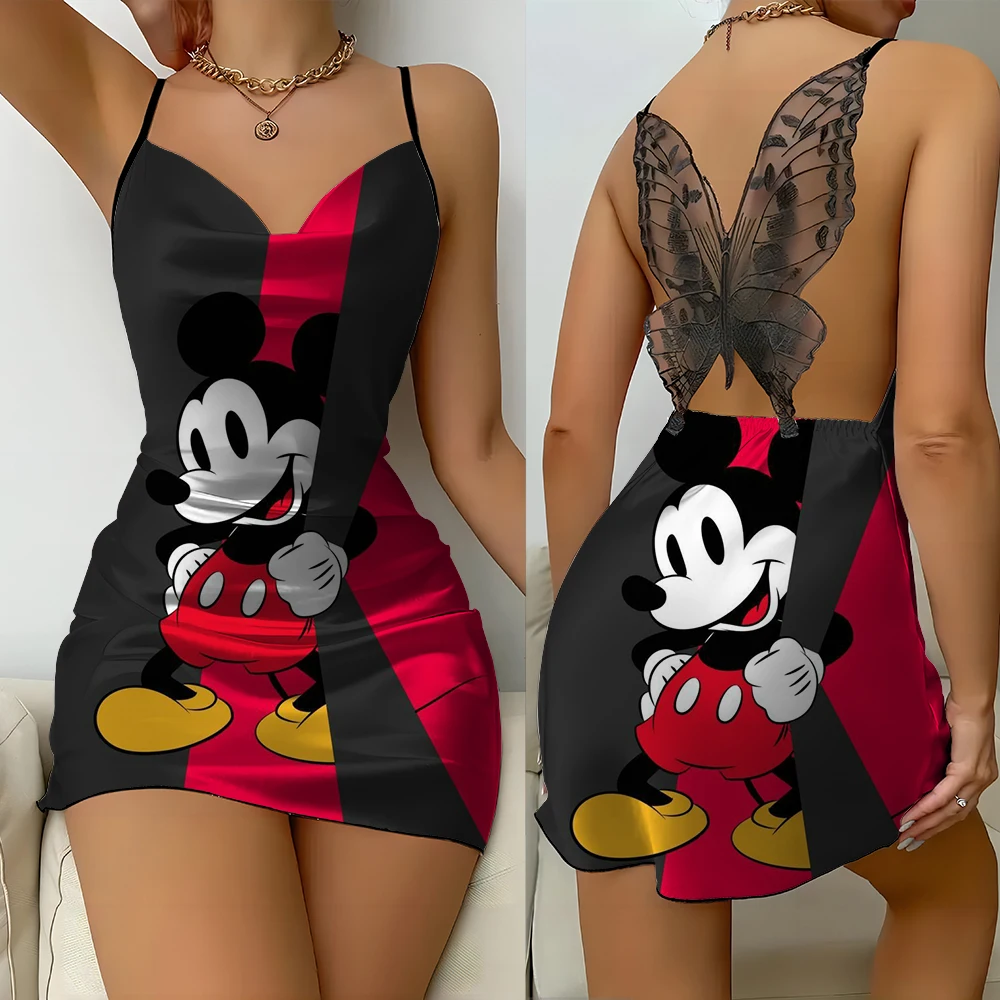 TureMouse-Robe de nuit imprimée Disney pour filles, chemise de nuit à bretelles, dentelle papillon, col en V, confortable, nouveau style, tendance de la mode