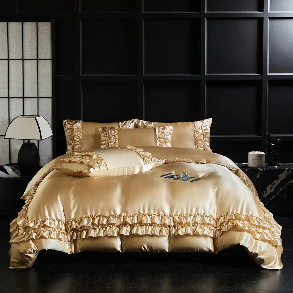 Luxury Satin Double-layered Ruffles Bedding Set Queen Soft Smooth Duvet Cover and Pillowcase Silky Single Double Comforter Cover