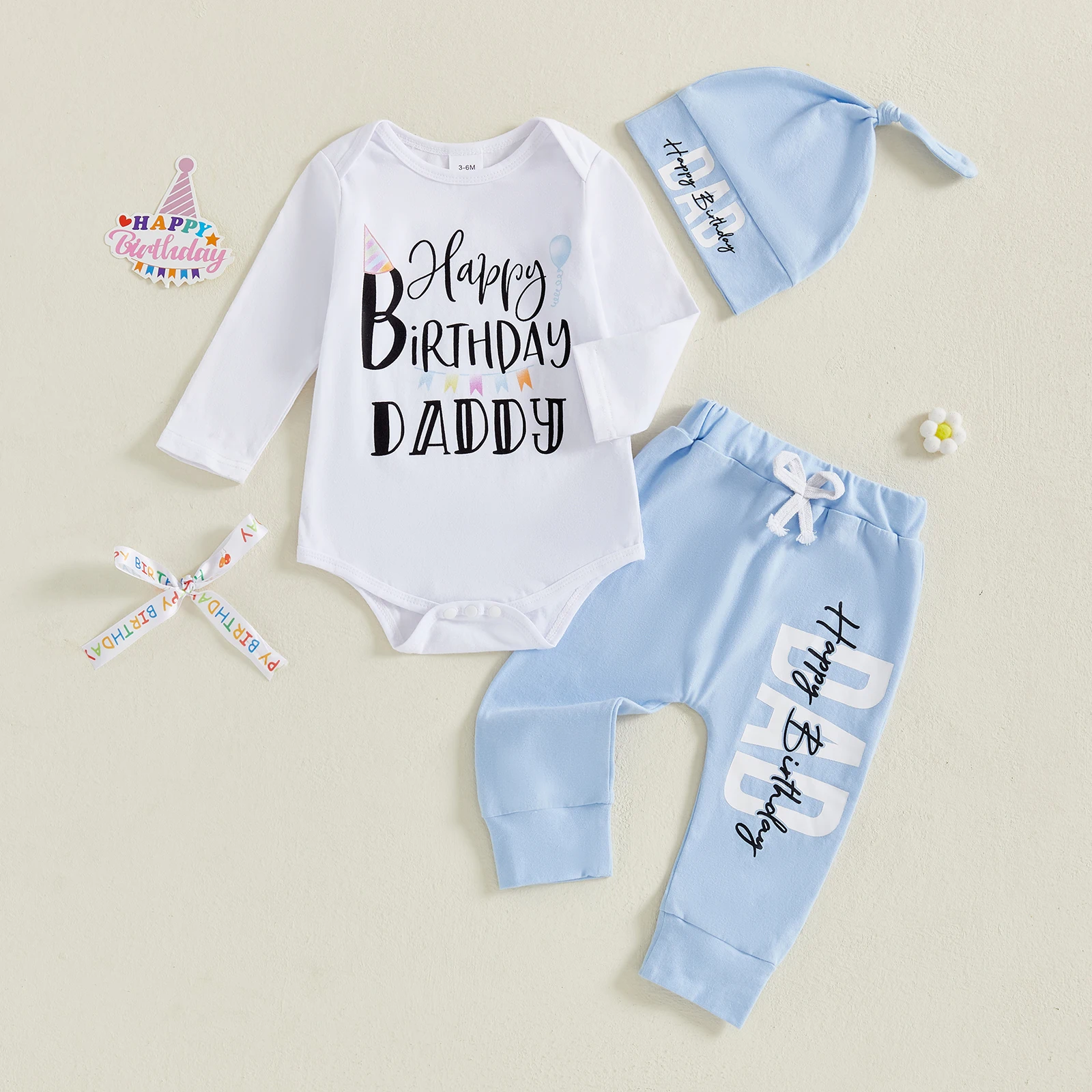 

Baby 1st Birthday Outfits Letter Print Long Sleeve Romper Pants and Hat 3Pcs Fall Clothes Set
