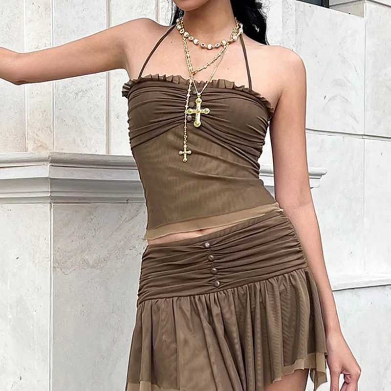 

Винтажный стиль Pure Desire, сетчатая двухслойная юбка с бретелькой на шее и шнуровкой для девочек, нерегулярная юбка с низкой талией и рюшами, комплект из двух предметов