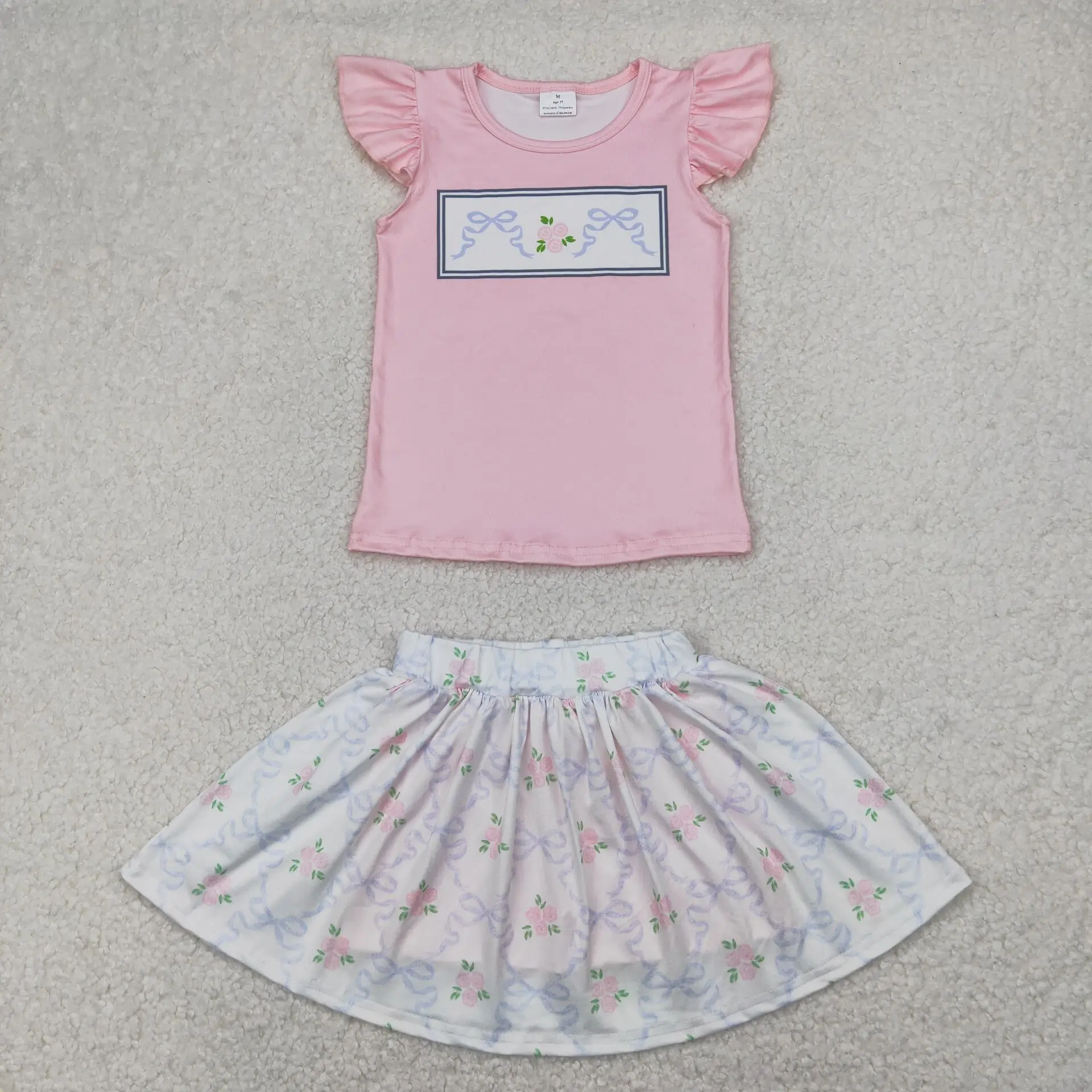 In Stock Purple bows flowers Print Baby Girl Clothes Short Sleeve Clothes Kid Summer Girl Boutique Clothing Set