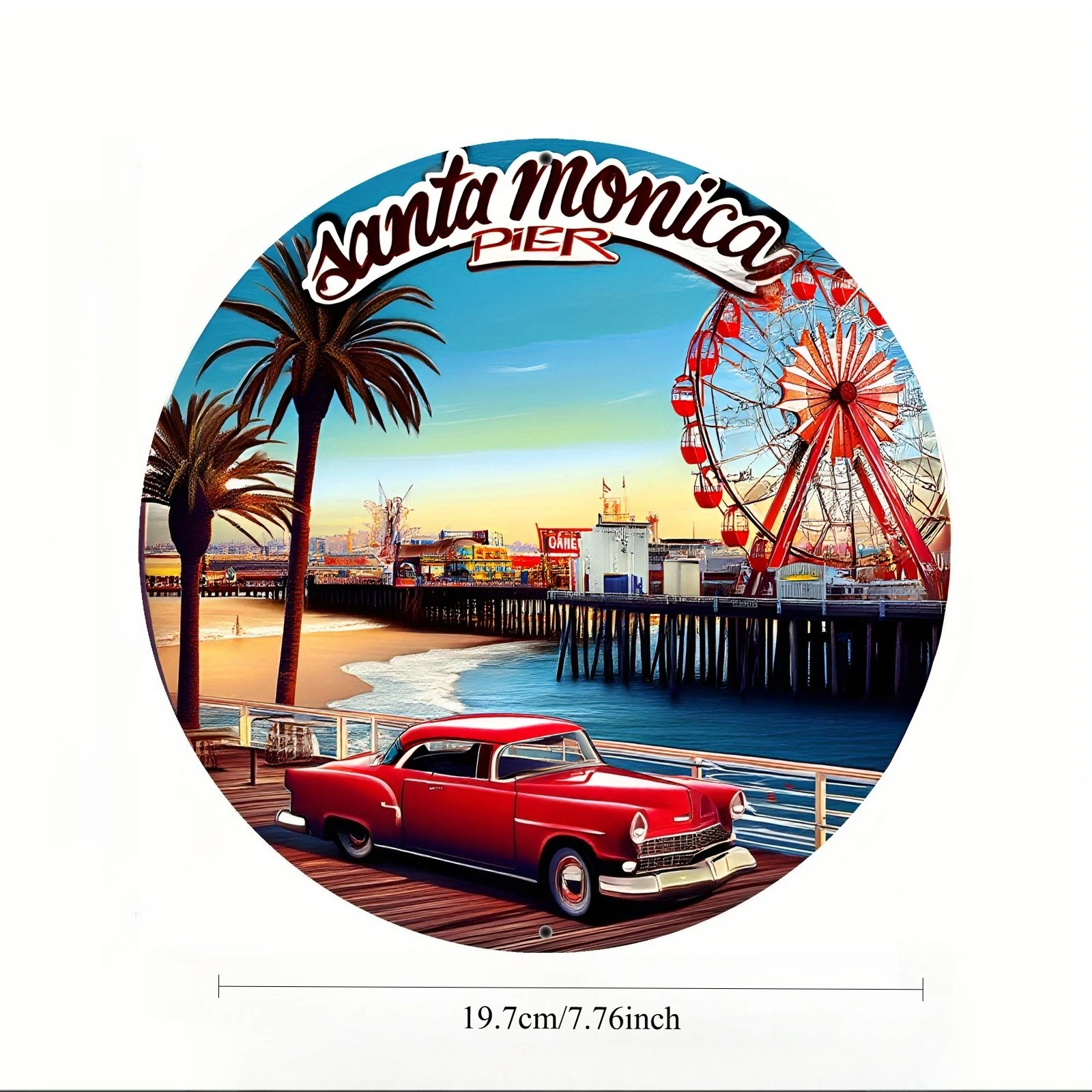 Vintage Red Car and Ferris Wheel Metal Wall Art—Round Nostalgic Amusement Park Signage