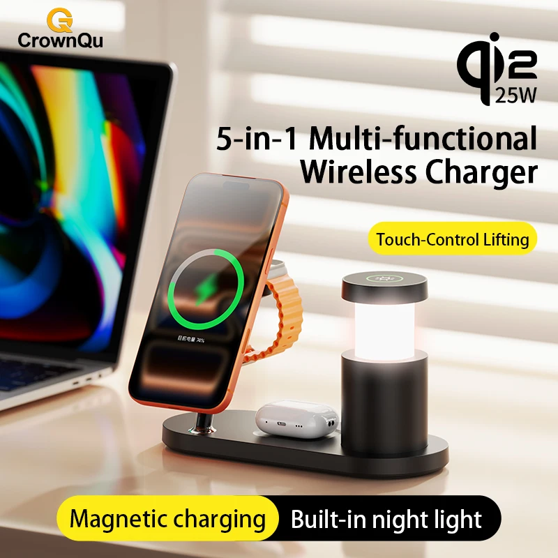 

5-in-1 Multi-functional Wireless Charger Magnetic Qi2 25W Fast Charging Station With Night Light for iPhone 17 16 Watch Airpods
