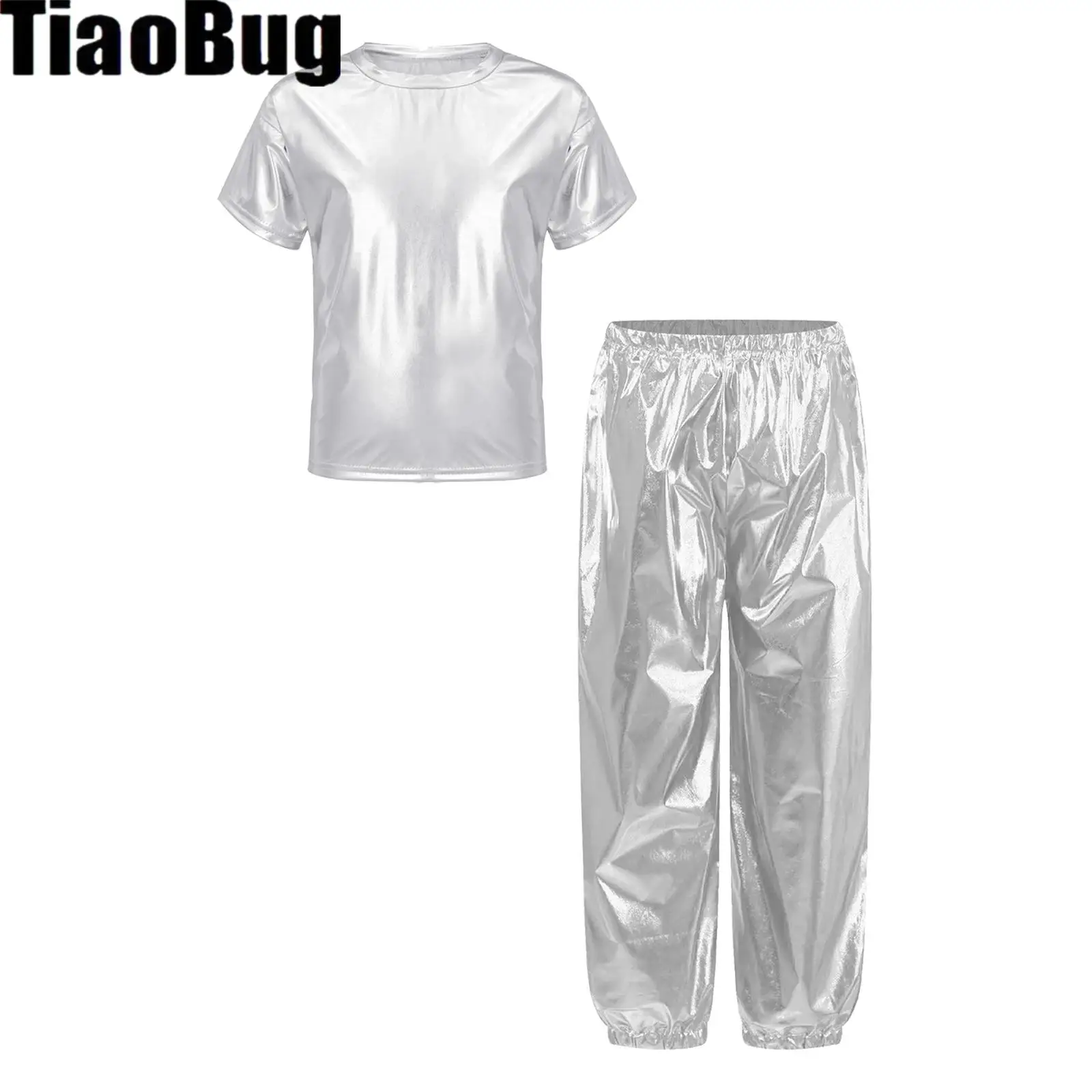 

Kids Dance Party Sets Girls Boys Performance Costume Short Sleeve Round Neck Metallic Shiny T-shirt with Pants