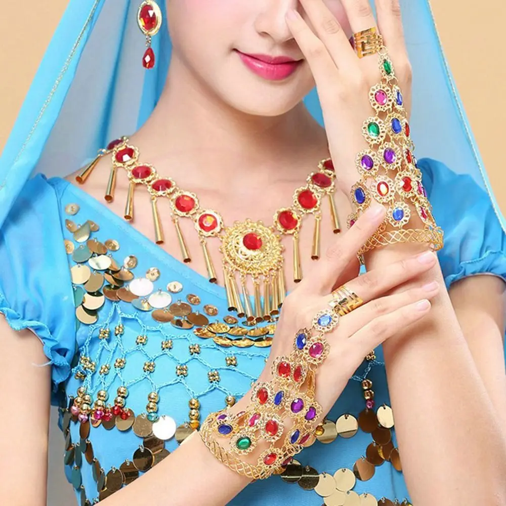 Personality Ring Indian Dance Performance Jewelry Alloy Rhinestone Diamond Bracelet with Rings Hollow Gem Show Out