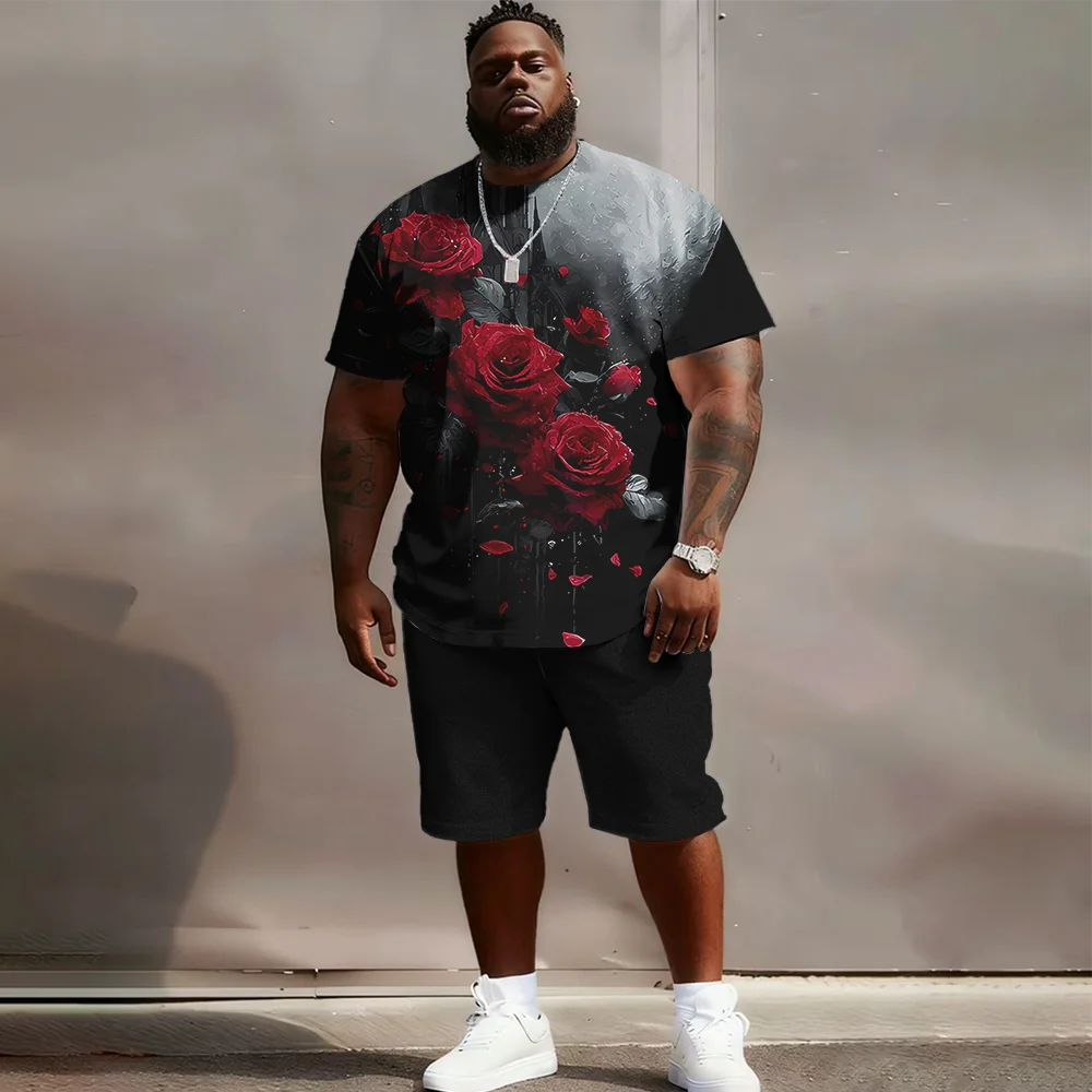 

S-9xl plus size Men's Short Sleeve Set: Rose-Chic Vibe - 2-Piece Big & Tall Fit, Soft Breathable Fabric,