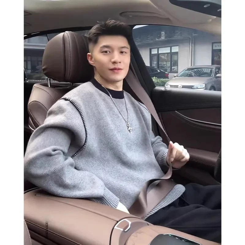 

Мужской зимний теплый свитер ручной работы с контрастными цветами, круглым вырезом, из полиэфирного волокна, с длинными рукавами, повседневный, утолщенный