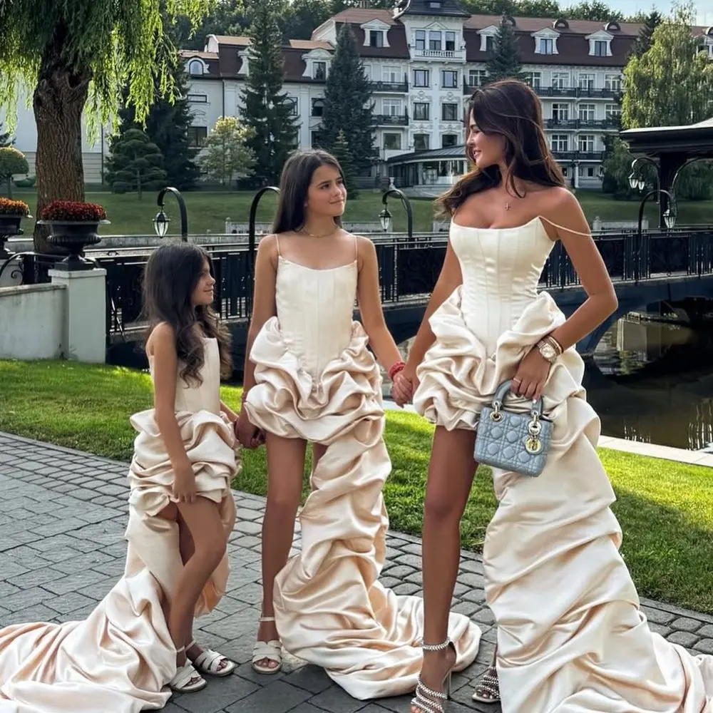 

Elegant Mother‑Daughter Matching Dress – Asymmetric High‑Slit Satin Gown, Boho Chic Luxury Family Outfit Wedding, Photo‑Shoot