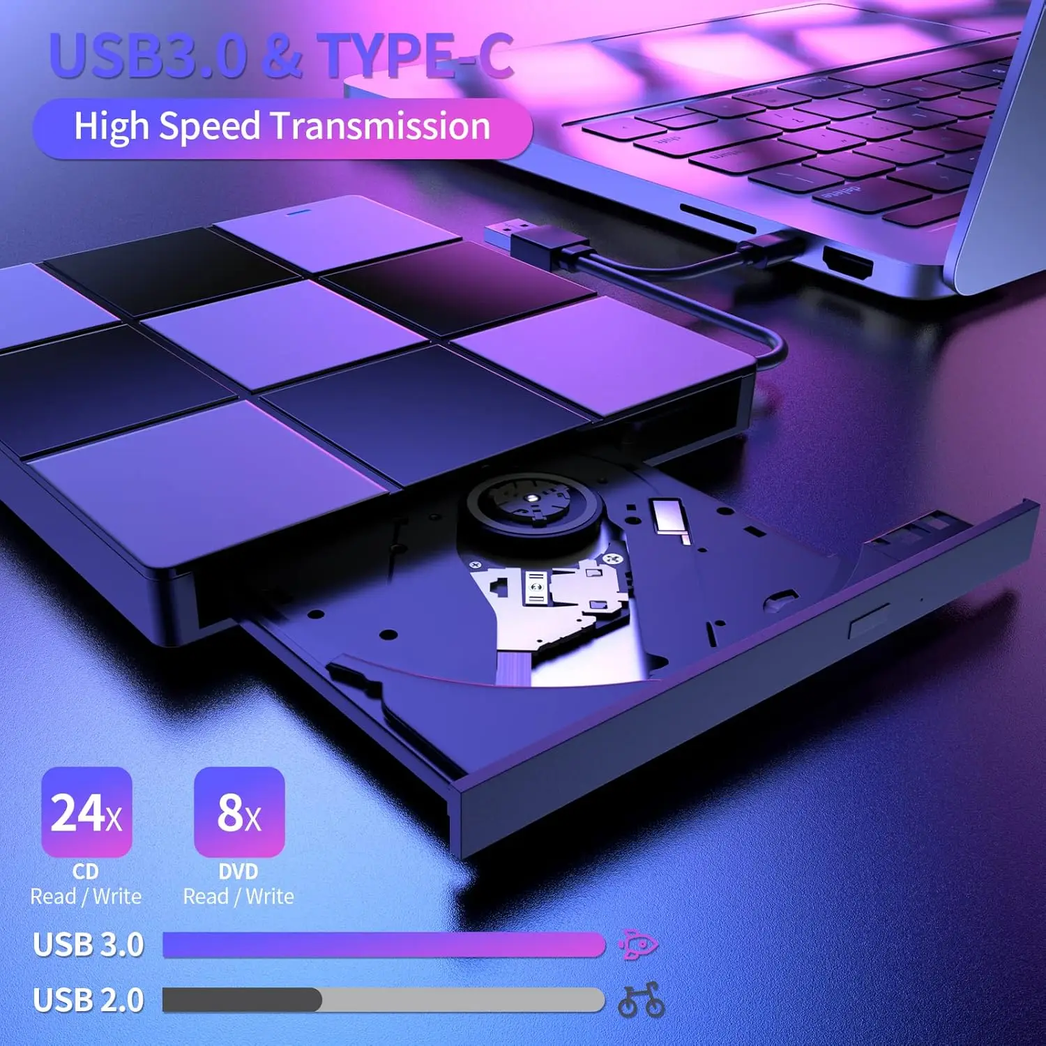 محرك أقراص CD/DVD خارجي، مشغل DVD لأجهزة الكمبيوتر المحمول، محرك أقراص مضغوطة محمول فائق النحافة USB 3.0 متوافق مع أجهزة الكمبيوتر المكتبية Mac