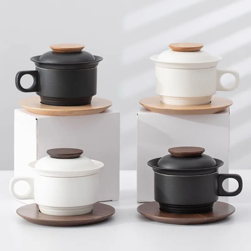 Ceramic Coffee Mug Set Wood Coaster Protect Tabletop Scratches Anti-scald Handle Coffee Cup Set Boho Northern Cuty Coffeeware