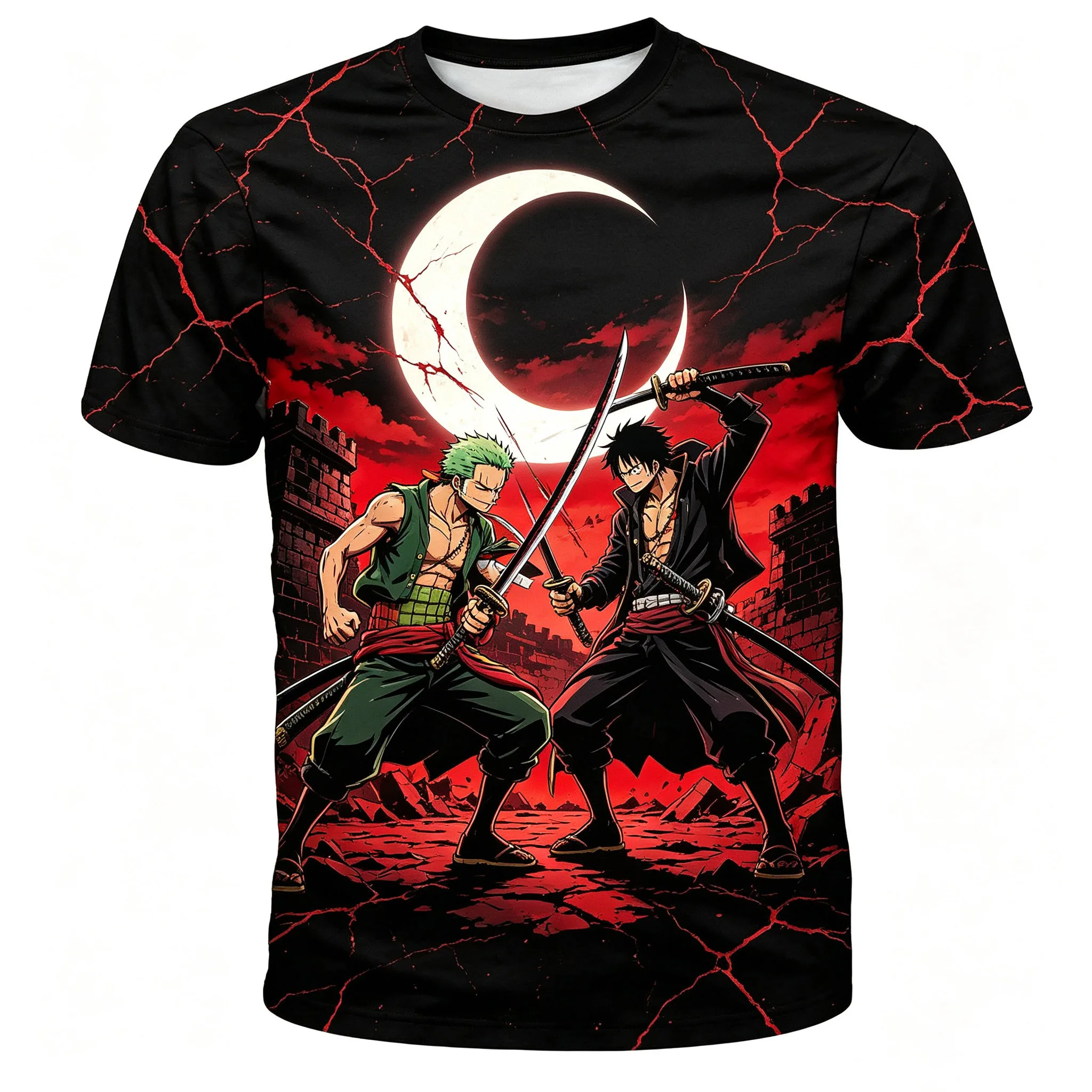 One Piece Luffy Zoro Battle 3D Print T-shirt Men Anime Red Moon Broken Ground Short Sleeve Tops