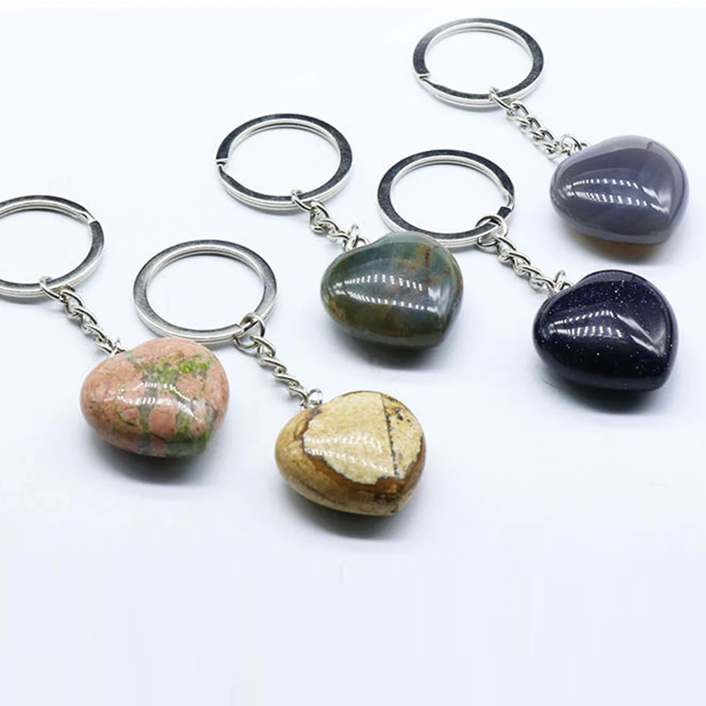 Natural Rose Quartz Crystal Heart-shaped Keyring Aventurine Sodalite Agate Gemstone Keychain Pendant Accessories