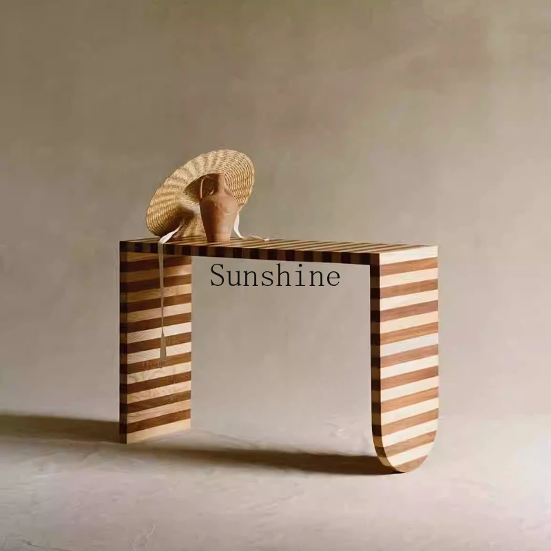 

Wabi-sabi retro solid wood striped porch plan modern simple entry foyer decorative cabinet light luxury side table