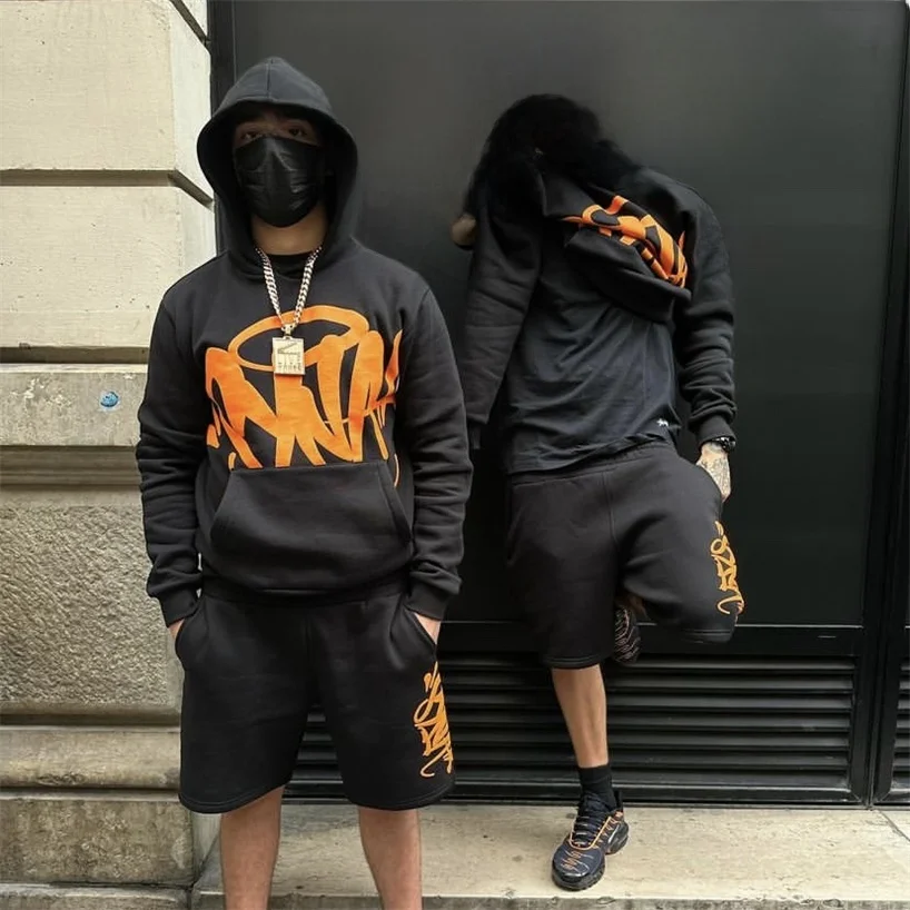 

Synaworld Hoodie Shorts Set Thin Fleece Hip Hop Street Rap Casual Celebrity Two Piece Cotton Long Sleeve Hooded Sweater Shorts
