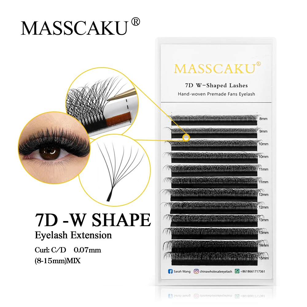 MASSCAKU 6D 7D 8D W Shaped Eyelash Lashes Easy Fan Eyelash Extensions Wholesales Premade Volume 12 Rows W Style Natural Soft