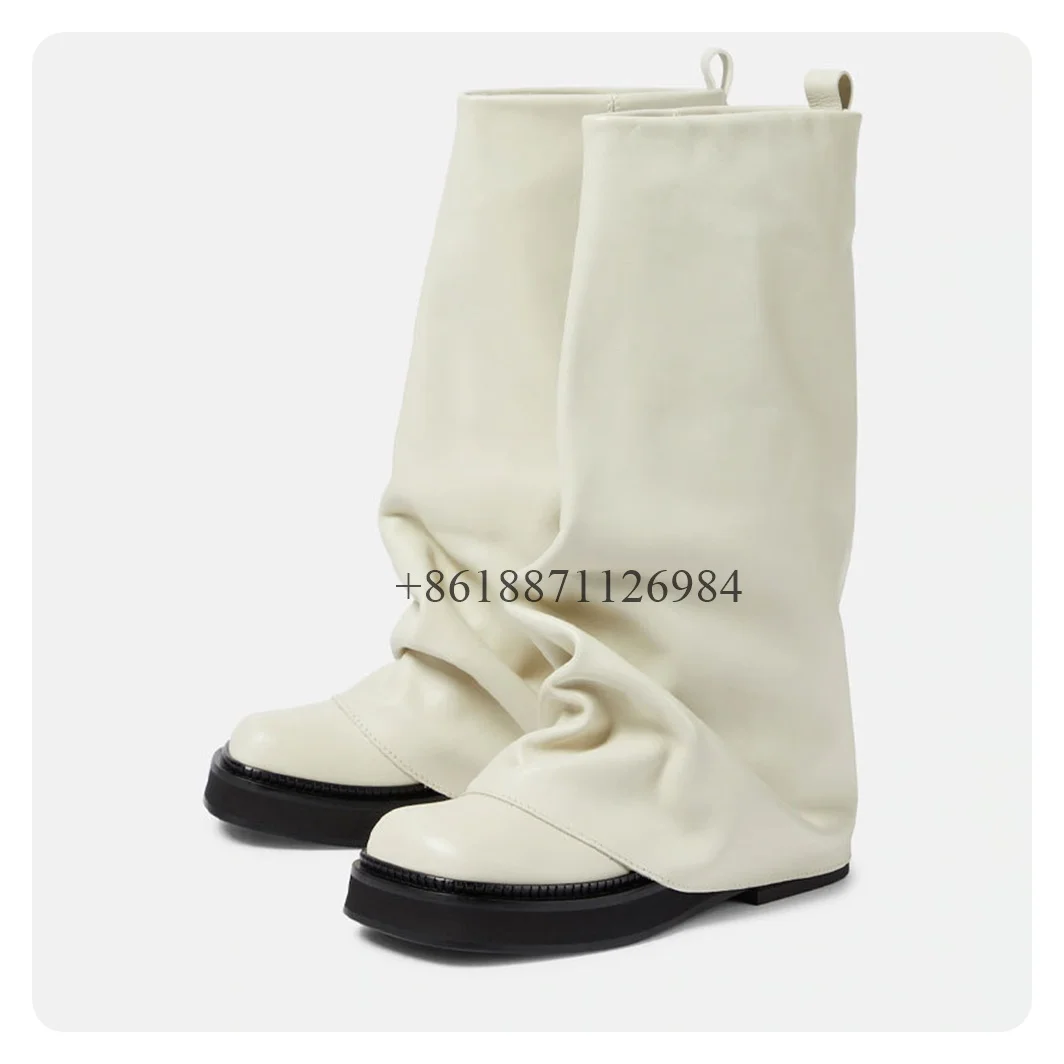 여성용 진짜 가죽 솔리드 라운드 토 미드 카프 플랫폼 나이트 부츠, 청키 로우 힐 슬립온 디자인, 대형 사이즈 신발