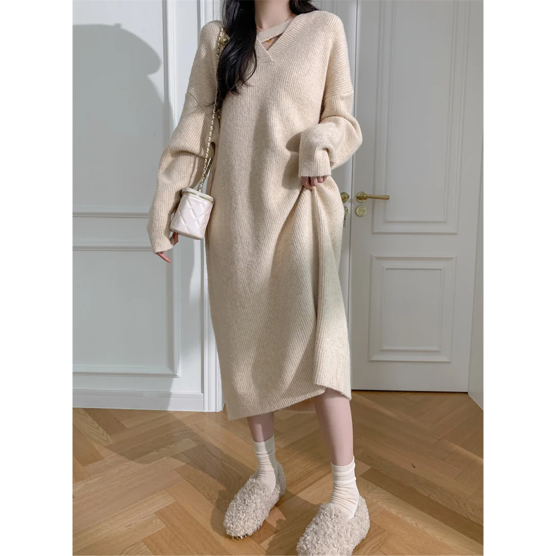 

Age unlimited monochrome wool women's design V-neck long knitted straight tube loose straight tube pullover sweater dress