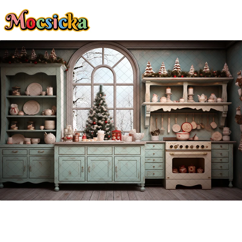 Mocsicka Photography Background Winter Indoor Christmas Kitchen Xmas Tree Party Kids Family Portrait Decor Photo Backdrop Studio