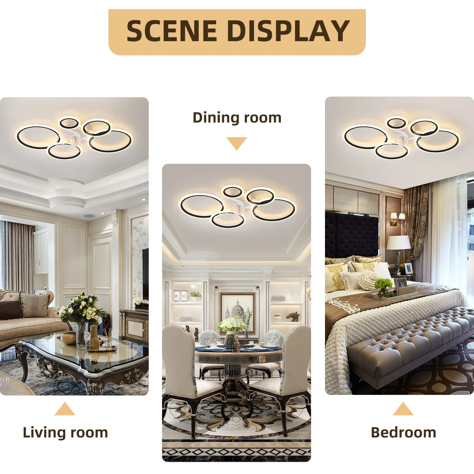 مروحة سقف سوداء مع أضواء التحكم عن بعد والتحكم في التطبيق، قابلة للتعتيم مع جهاز التحكم عن بعد 7 شفرات 6 سرعات الرياح