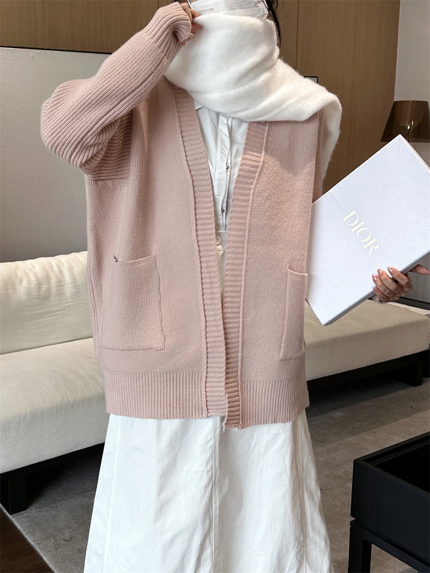 

European and American pink gray pocket V-neck women's autumn and winter loose oversized knitted cardigan sweater jacket