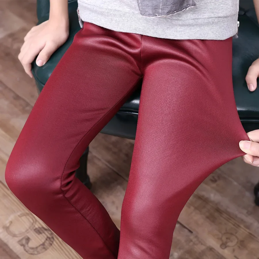 New Fashion Leather Girls Thick Leggings Winter Faux Leather Pants Trousers Kids Knitting Imitation Leather Warm Leggings