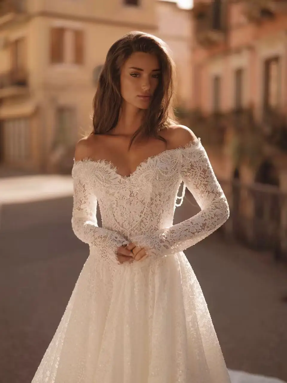 Elegant Bridal Gown Off Shoulder Long Sleeve Pearl Sparkly Lace Puffy Skirt Long Train Lace Up Corset Back Custom Wedding Dress