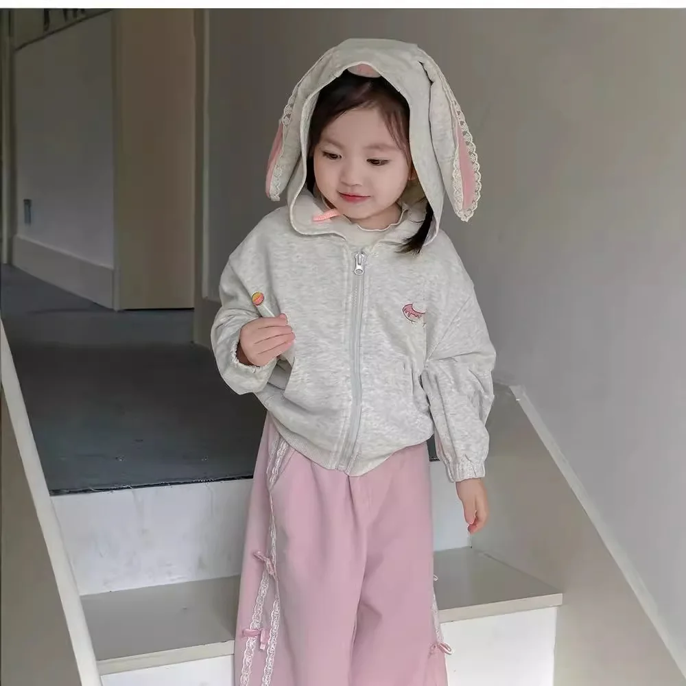 Çocuk Giyim Seti Kore Tarzı Kız Takım Elbise İlkbahar Sonbahar 2025, Yeni Sevimli Hoodie Ceket Bebek Rahat Pantolon Tatlı Iki Parçalı Set