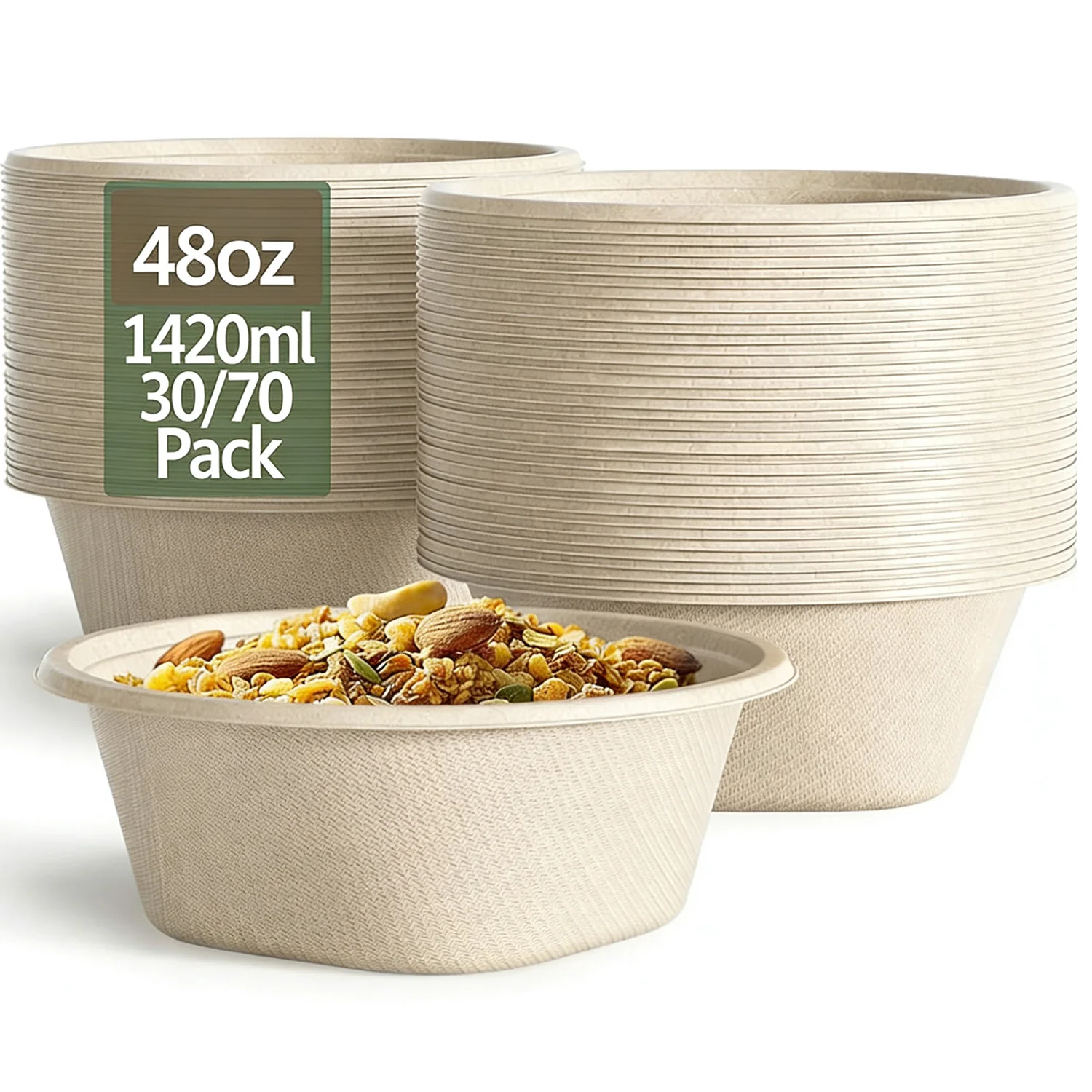

30/70pcs Large Disposable Bowl - 48oz/1420ml Heavy Duty Paper Bowls - Made From Sugarcane And Bamboo Fiber, Microwave Safe